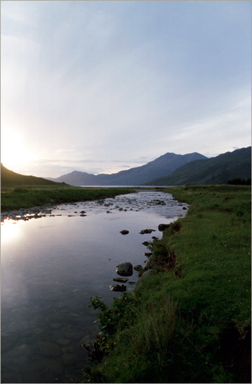 Barrisdale river in evening light, with Beinn Sgritheall