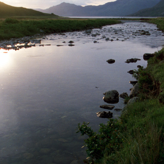 Zoom: Barrisdale river in evening light, with Beinn Sgritheall
