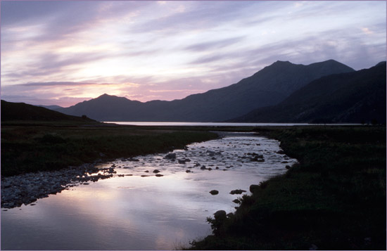 Sunset colours over the Barrisdale river, with Beinn Sgritheall