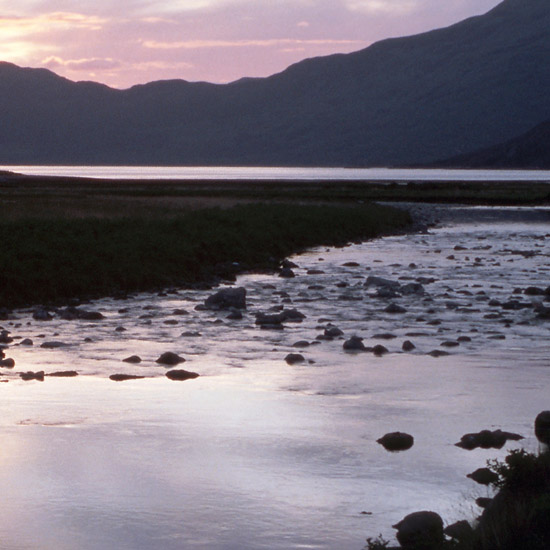 Zoom: Sunset colours over the Barrisdale river, with Beinn Sgritheall