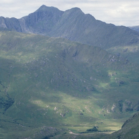 Zoom: View of lower Glen Barisdale from Slat Bheinn, with the White House