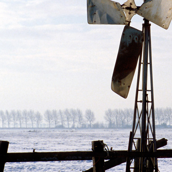 Zoom: Het molentje in de hoek van de Beetskoog in de winterse ochtendzon; daarachter de populieren op de Beemsterdijk