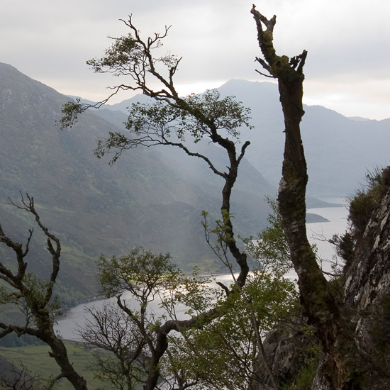 Zoom: A beam of light hitting Camas Ban — Loch Hourn from the steep climb up Cadha Mhòr