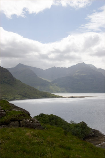 Barisdale landing point and the Ladhar Bheinn system from above Caolasmor