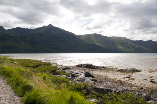 Barisdale Bay and the Ladhar Bheinn system from the road between the landing point and Barisdale