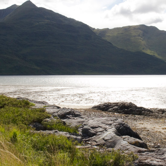 Zoom: Barisdale Bay and the Ladhar Bheinn system from the road between the landing point and Barisdale