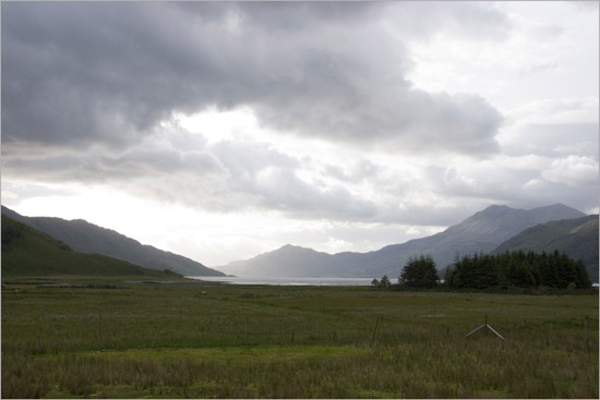 Outer Loch Hourn, Beinn Sgritheall and the Barisdale fields under evening clouds