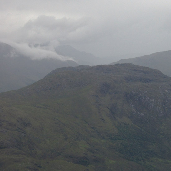 Gloomy clouds descending on brooding hills — view of Loch Hourn from Buidhe Bheinn