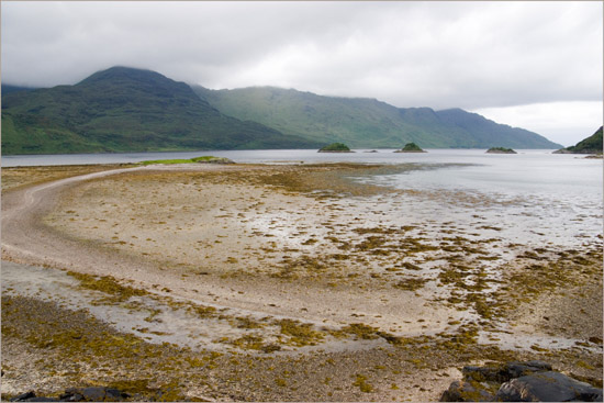 Corr Eileanan and Eilean Choinnich – the Heron Islands and Cemetery Island – in Loch Hourn after rain