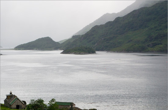 Skiary and Loch Hourn in gloomy weather; romantic refuge in an abandoned landscape