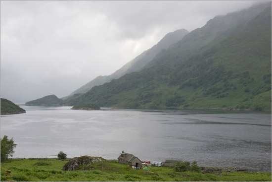 Skiary on Loch Hourn in the silver light of a grey day