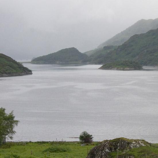 Skiary on Loch Hourn in the silver light of a grey day