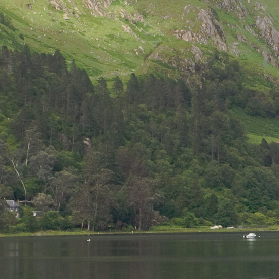 Zoom: Kinloch Hourn from the narrows at high tide; sudden evening light after a grey day