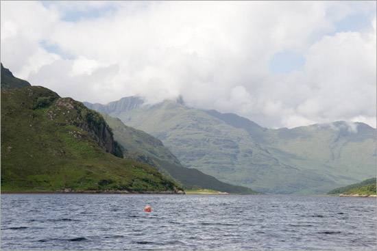 Loch Hourn and Creag Raonabhal, with clouds over Ladhar Bheinn; featuring Billy’s buoys
