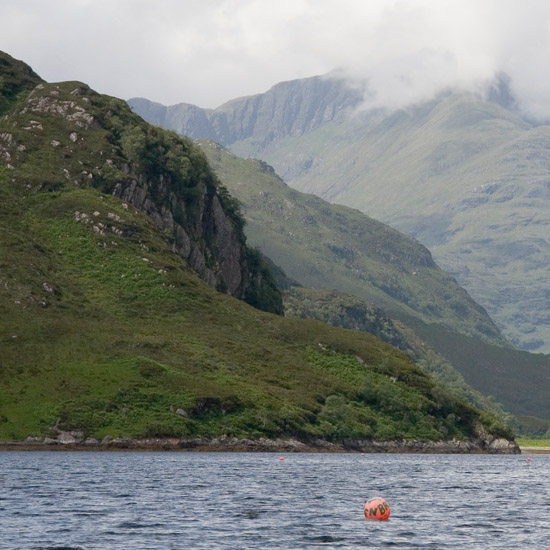 Loch Hourn and Creag Raonabhal, with clouds over Ladhar Bheinn; featuring Billy’s buoys