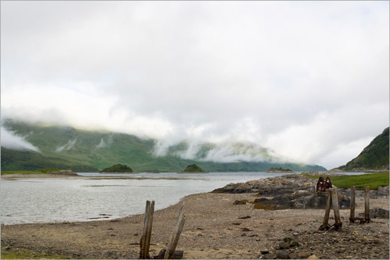 Morning mists rising from the Knoydart peninsula, as seen from Barisdale landing point on Loch Hourn