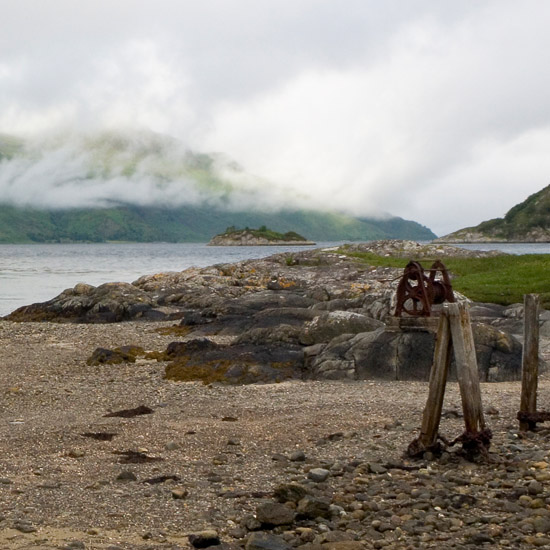 Zoom: Morning mists rising from the Knoydart peninsula, as seen from Barisdale landing point on Loch Hourn