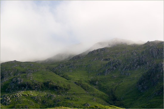 Morning mist disguising the hilltop – view from Kinloch Hourn, but what hill is that?