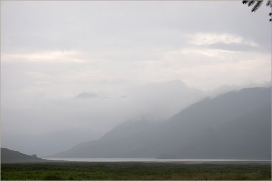 Evening mist encroaching on the Barisdale plain from Loch Hourn; Beinn Sgritheall peeping from a mountainous cloud