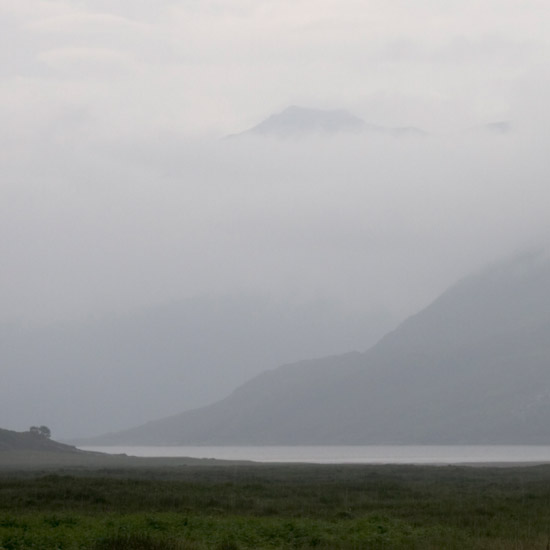 Zoom: Evening mist encroaching on the Barisdale plain from Loch Hourn; Beinn Sgritheall peeping from a mountainous cloud