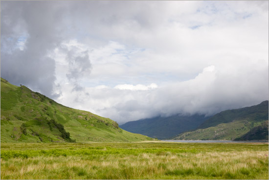 Morning clouds churning over Loch Hourn and Beinn Sgritheall; a view from the Barisdale fields