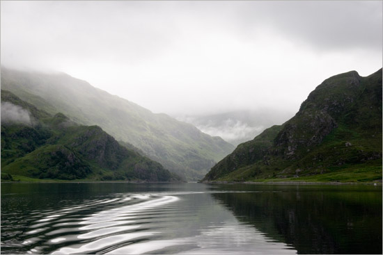Morning mists over the East end of Loch Hourn, with the narrow entrance to Loch Beag and Kinloch Hourn