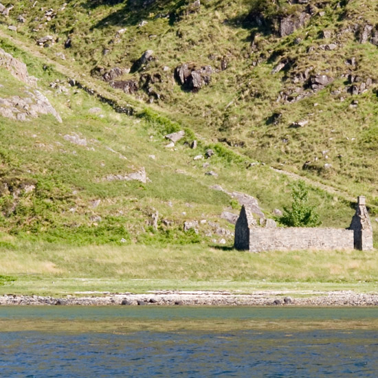 Zoom: The ruins of Barisdale chapel from the bay, the path from Kinloch Hournbehind it