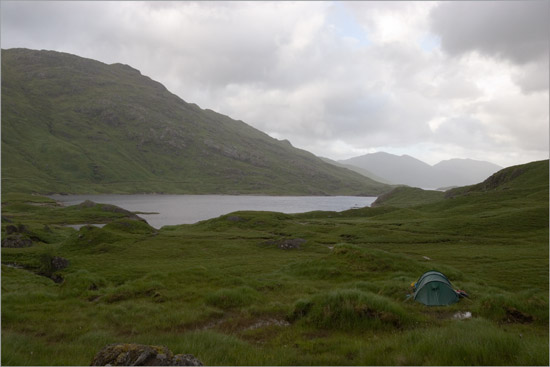 Loch Quoich from Coire nan Gall – our tent receiving its share of the annual fourteen feet of rain