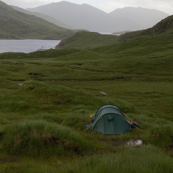 Zoom: Loch Quoich from Coire nan Gall; our tent receiving its share of the annual fourteen feet of rain